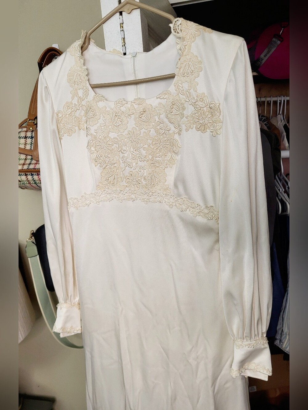 Vtg 70s Wedding Dress, Empire Waisted Elegant Cream Long Sleeve Dress Sz 4-6